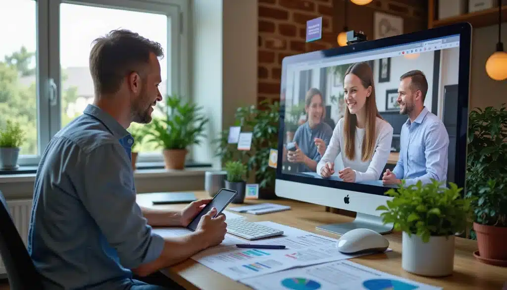 Person im Büro videoanrufend