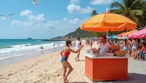 Lebhafter Kiosk am Strand