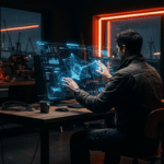 AEO Branding: Mitarbeiter interagiert mit holografischer Schnittstelle, futuristisches Bürodesign, Digitalisierung