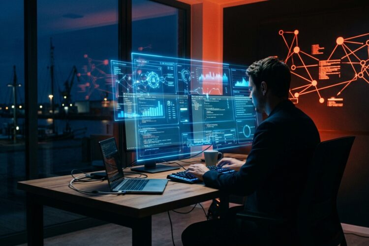 AI Tools optimieren Arbeitsabläufe: Futuristische Datenanalyse für maximale Produktivität.