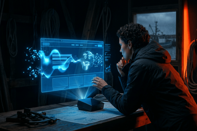 KI-Website-Design-Layout: Person betrachtet holographischen Bildschirm mit integrierter, schimmernder KI-Grafik.
