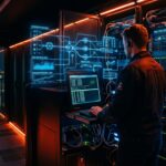 Serverraum mit Hologrammen zu API Kosten Open Router, beleuchteter Datenfluss und Analysemuster