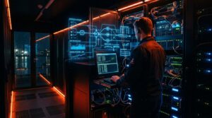 Serverraum mit Hologrammen zu API Kosten Open Router, beleuchteter Datenfluss und Analysemuster