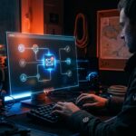 n8n Workflow Benachrichtigungs-E-Mails, leuchtende Knoten, Tastaturtippen, Hologramm-Schirm