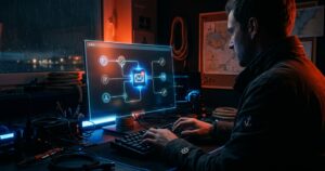 n8n Workflow Benachrichtigungs-E-Mails, leuchtende Knoten, Tastaturtippen, Hologramm-Schirm