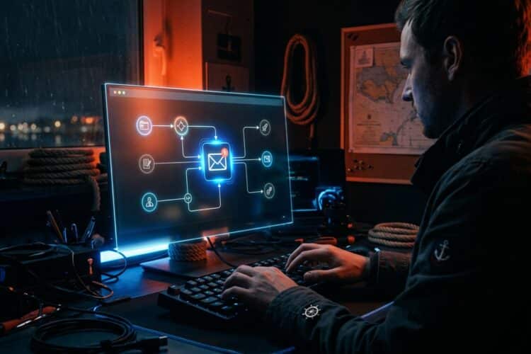 n8n Workflow Benachrichtigungs-E-Mails, leuchtende Knoten, Tastaturtippen, Hologramm-Schirm