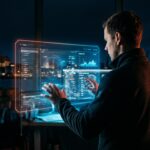 Interaktion mit Digital Marketing Dashboard in Rostock, futuristische Skyline, Datenvisualisierung.