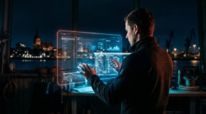 Interaktion mit Digital Marketing Dashboard in Rostock, futuristische Skyline, Datenvisualisierung.