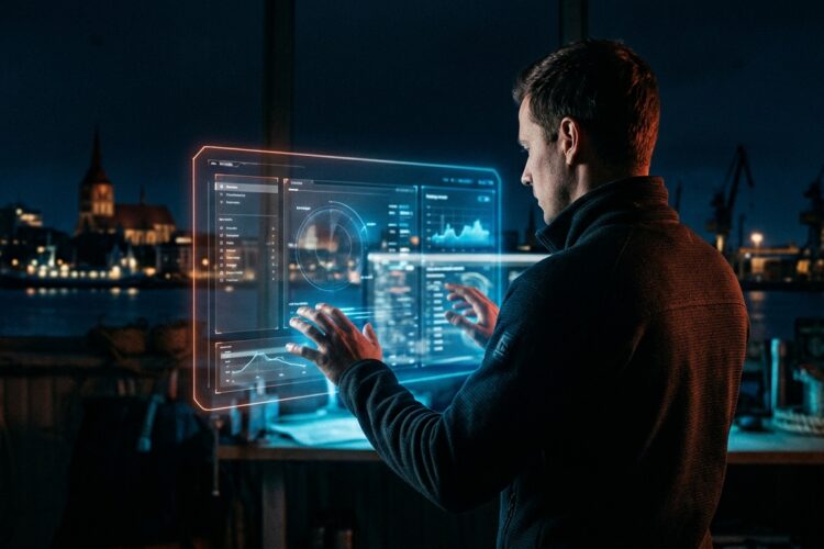 Interaktion mit Digital Marketing Dashboard in Rostock, futuristische Skyline, Datenvisualisierung.