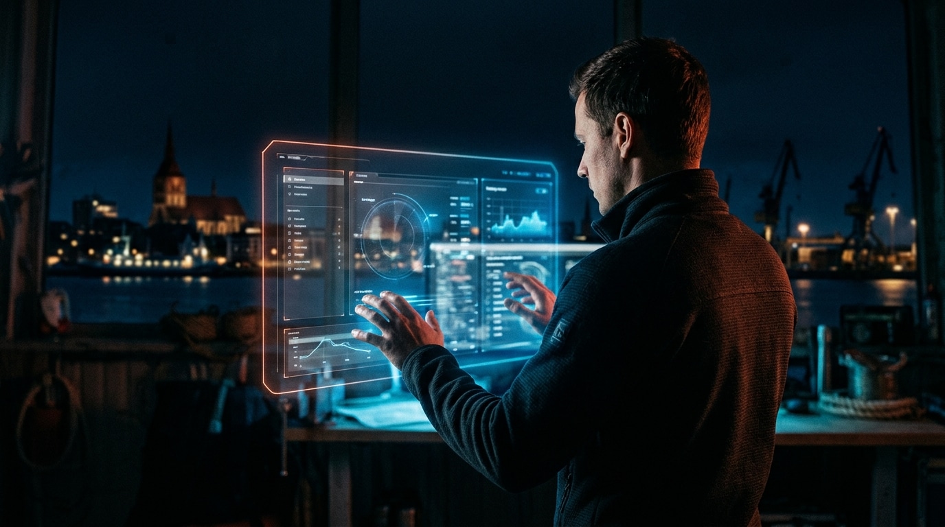 Interaktion mit Digital Marketing Dashboard in Rostock, futuristische Skyline, Datenvisualisierung.