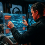 Person behebt n8n KI-Bugs auf holographischem Bildschirm mit komplexen Datenflüssen.