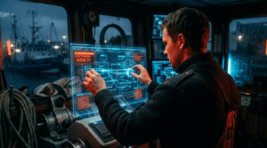 Person behebt n8n KI-Bugs auf holographischem Bildschirm mit komplexen Datenflüssen.