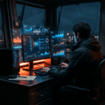 Mann analysiert Google Algorithmus Updates 2026 Daten auf holographischen Bildschirmen im futuristischen Büro.