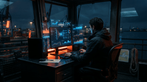 Mann analysiert Google Algorithmus Updates 2026 Daten auf holographischen Bildschirmen im futuristischen Büro.