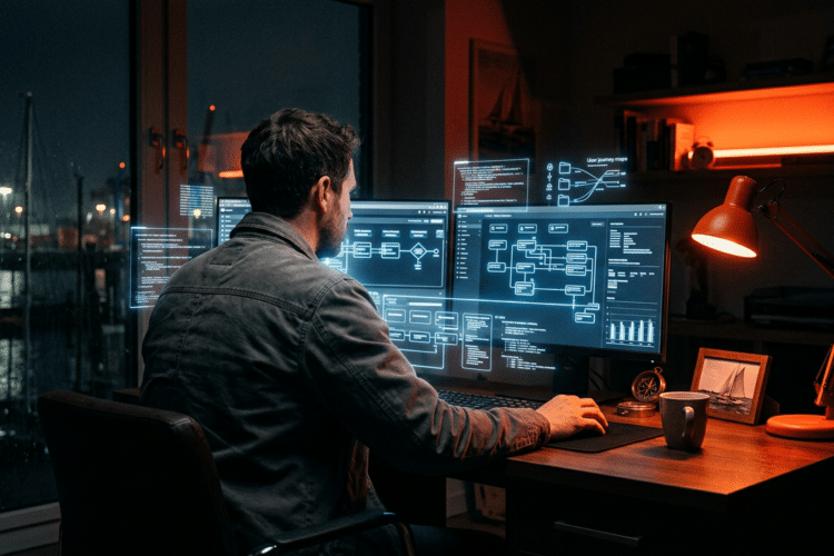 Entwickler kodiert mit leuchtenden HubSpot-Interfaces, innovative Software-Entwicklung, Vibe Coding.