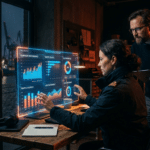 KI Marketing Trends: Person analysiert Hologramm mit Datenvisualisierungen für digitale Strategien