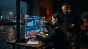 KI Marketing Trends: Person analysiert Hologramm mit Datenvisualisierungen für digitale Strategien