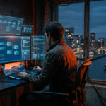 KI Tone of Voice n8n: Person arbeitet an Computer mit Workflow-Diagrammen, futuristische Stadtkulisse.