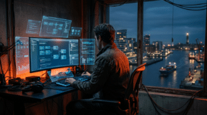 KI Tone of Voice n8n: Person arbeitet an Computer mit Workflow-Diagrammen, futuristische Stadtkulisse.
