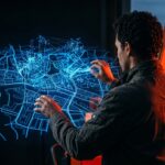 Local SEO mit KI: Person vor holografischer Stadtkarte, leuchtende Datenpunkte.