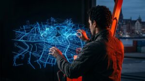 Local SEO mit KI: Person vor holografischer Stadtkarte, leuchtende Datenpunkte.