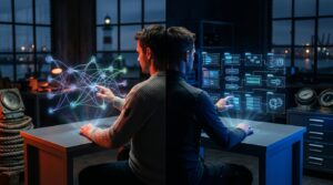 n8n vs Make Vergleich: Holografische Oberflächen mit organischen und modularen Workflow-Komponenten