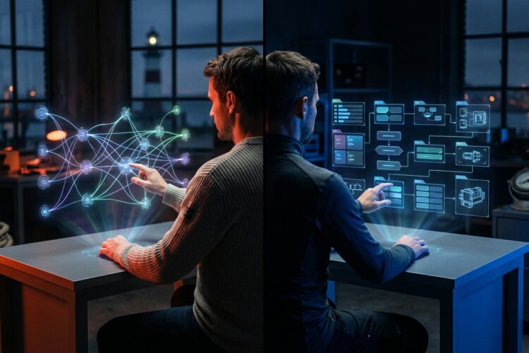 n8n vs Make Vergleich: Holografische Oberflächen mit organischen und modularen Workflow-Komponenten