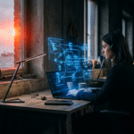 Person arbeitet am Laptop, Hologramm zeigt n8n Workflow Beispiele mit verbundenen Knoten.