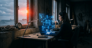 Person arbeitet am Laptop, Hologramm zeigt n8n Workflow Beispiele mit verbundenen Knoten.