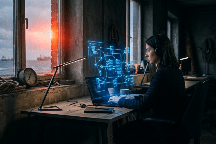 Person arbeitet am Laptop, Hologramm zeigt n8n Workflow Beispiele mit verbundenen Knoten.