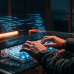 Hände tippen auf futuristischer Tastatur. Leuchtender Code für Promptengineering Claude.