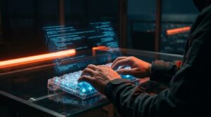 Hände tippen auf futuristischer Tastatur. Leuchtender Code für Promptengineering Claude.