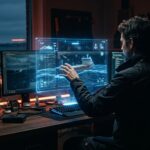 Person erstellt Seedance Video, digitale Meereswelt glüht auf holografischem Bildschirm.