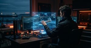 Person erstellt Seedance Video, digitale Meereswelt glüht auf holografischem Bildschirm.