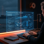 Person tippt SEO Content mit Claude AI. Holografischer Bildschirm mit Daten. Fokus, Produktivität.