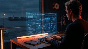 Person tippt SEO Content mit Claude AI. Holografischer Bildschirm mit Daten. Fokus, Produktivität.