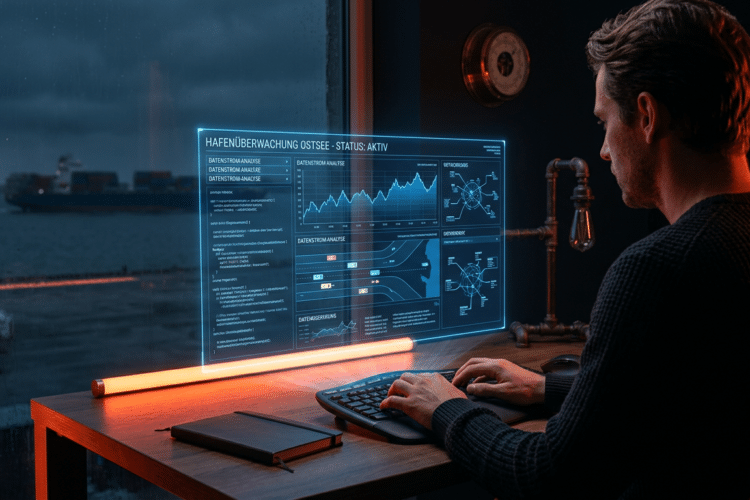 Person tippt SEO Content mit Claude AI. Holografischer Bildschirm mit Daten. Fokus, Produktivität.