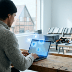 Social Media Marketing für Dachdecker: Laptop mit leuchtenden Social Media Icons und Dach-Elementen im Hintergrund