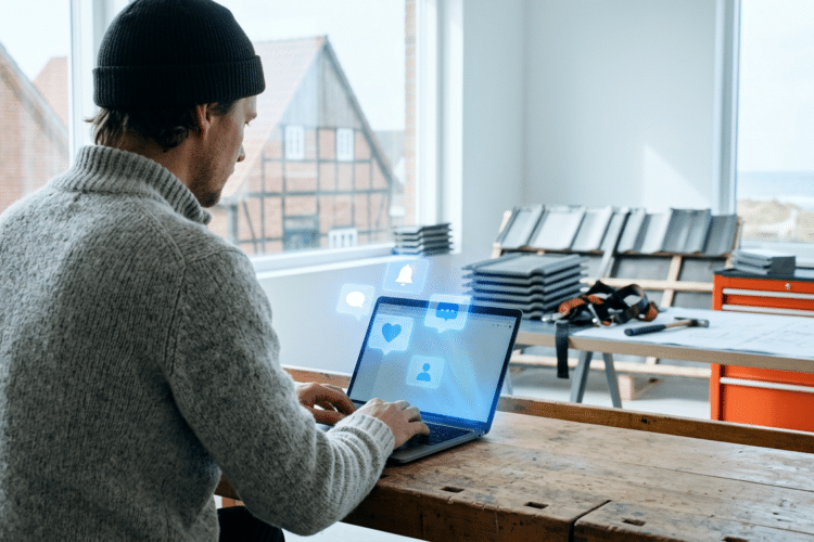 Social Media Marketing für Dachdecker: Laptop mit leuchtenden Social Media Icons und Dach-Elementen im Hintergrund