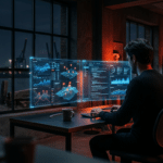 Futuristisches Büro, Person betrachtet Sonnet vs. Opus KI-Vergleich auf holografischen Screens.