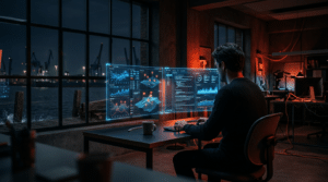 Futuristisches Büro, Person betrachtet Sonnet vs. Opus KI-Vergleich auf holografischen Screens.