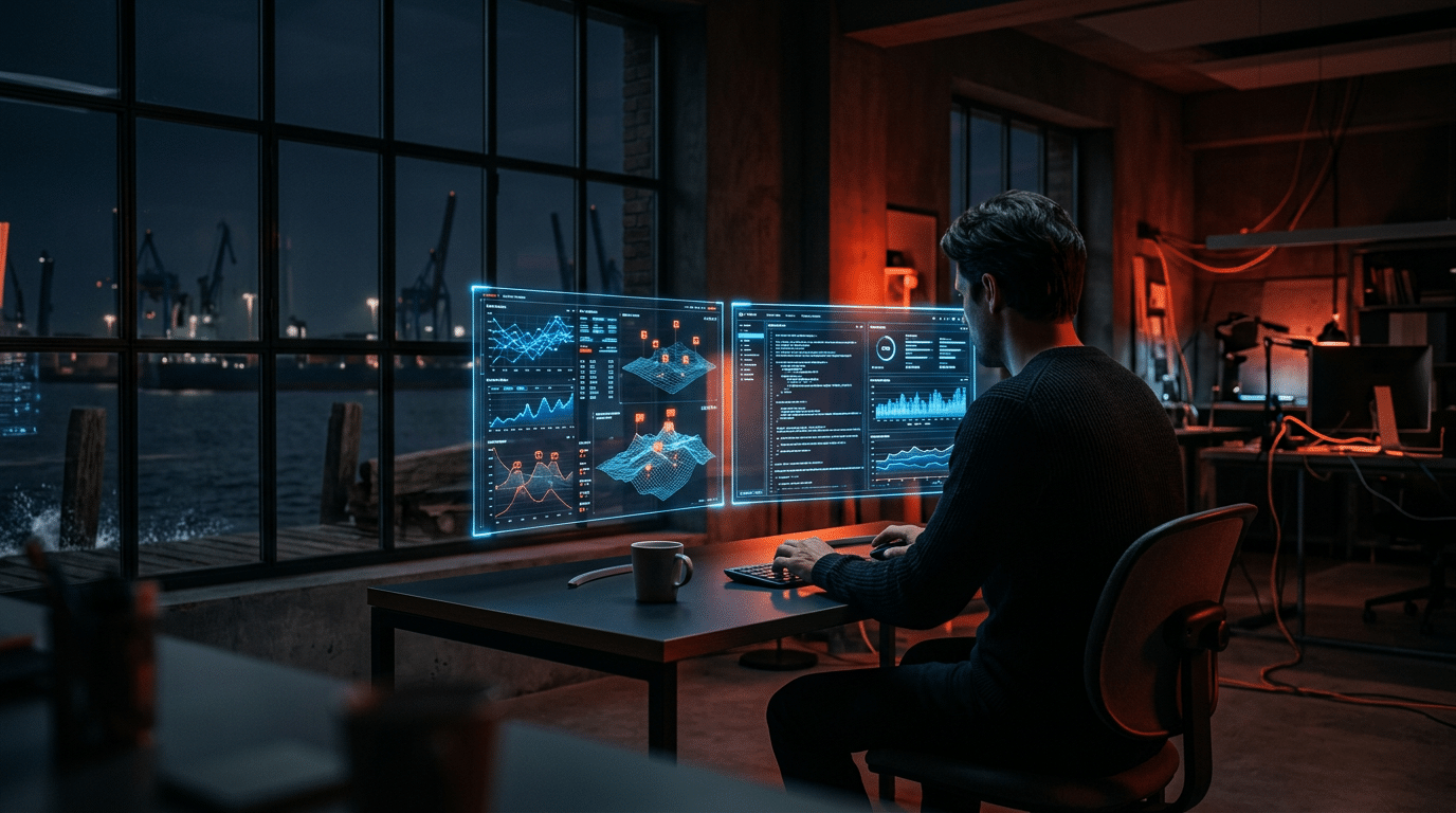 Futuristisches Büro, Person betrachtet Sonnet vs. Opus KI-Vergleich auf holografischen Screens.