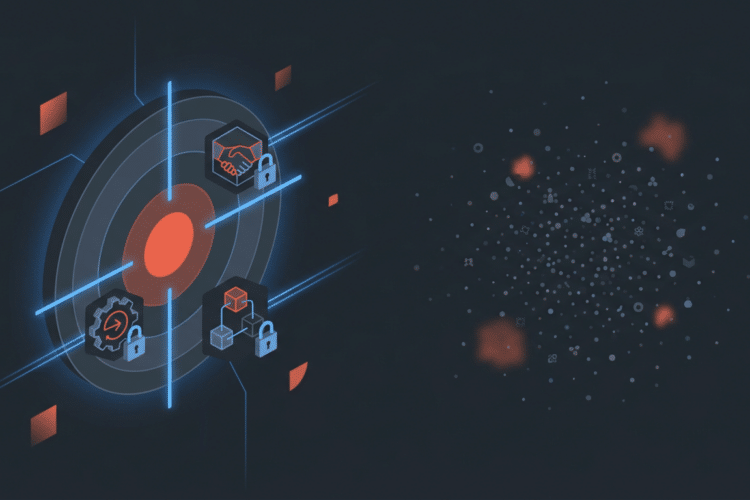 Isometrische Illustration eines Fadenkreuz-Bullseye mit Account-Based-Marketing-Icons auf tiefem Grau, elektrischem Blau