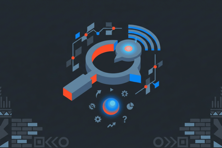 AEO-Branding Konzept: isometrische Illustration mit Lupe und Sprechblase, elektrischem Blauglanz, orangerotem Highlight,