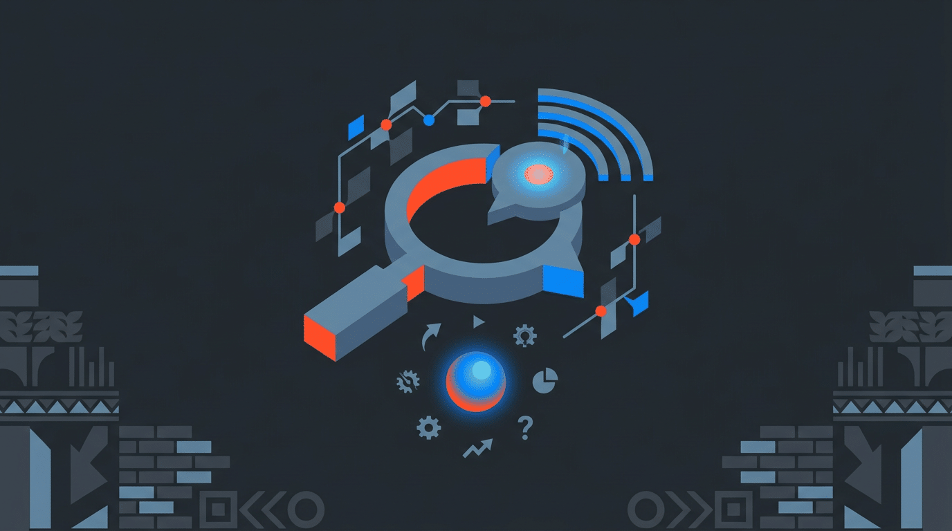 AEO-Branding Konzept: isometrische Illustration mit Lupe und Sprechblase, elektrischem Blauglanz, orangerotem Highlight,