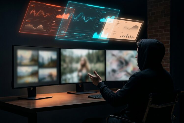 Mehrere Monitore zeigen verschiedene KI-Bildgenerator-Interfaces mit exemplarischen generierten Bildern im Vergleich, be