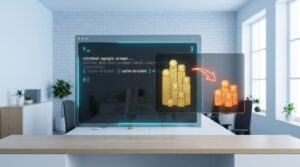 Terminal-Fenster mit Claude API Prompt-Code und Cache-Markierungen, daneben Münz-Icons zeigen Token-Einsparung durch Pro