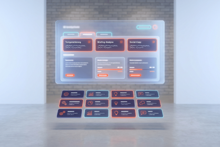 Claude Skills Dashboard mit 10 Kacheln zeigt beste Skills für Marketing-Agenturen: Textgenerierung, Briefing-Analyse, So