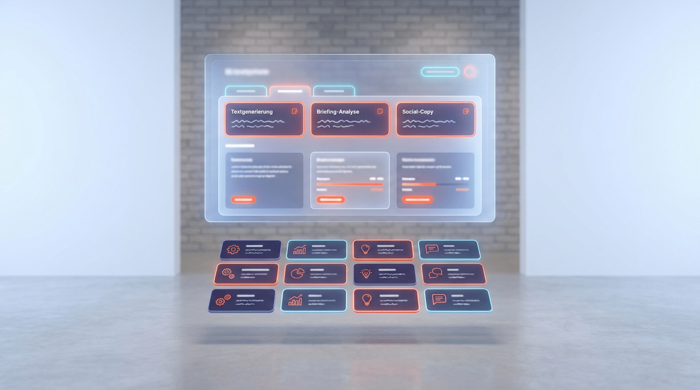 Claude Skills Dashboard mit 10 Kacheln zeigt beste Skills für Marketing-Agenturen: Textgenerierung, Briefing-Analyse, So