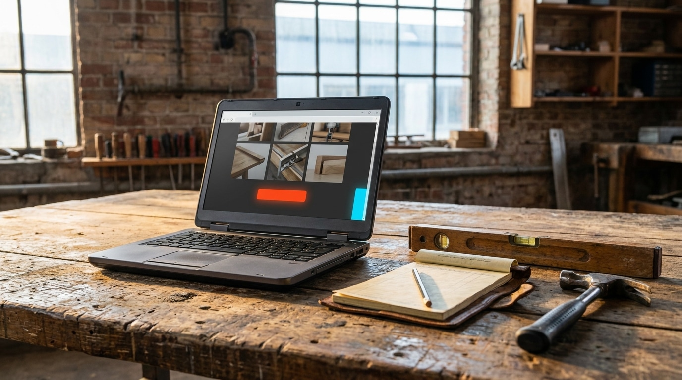 Laptop auf Werkstatttisch zeigt Handwerker-Website mit orangefarbenem Anfragebutton, daneben Werkzeug und Auftragsblock